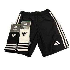 New Adidas Youth Boys Soccer Bundle Black Shorts Large Black and White Socks Med